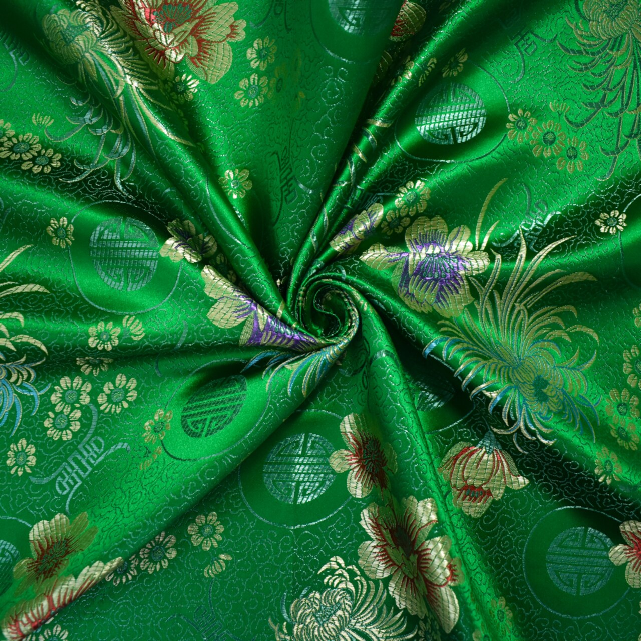 Green-Yellow-Multi Polyester Floral Chinese Brocade Woven Fabric By the Yard